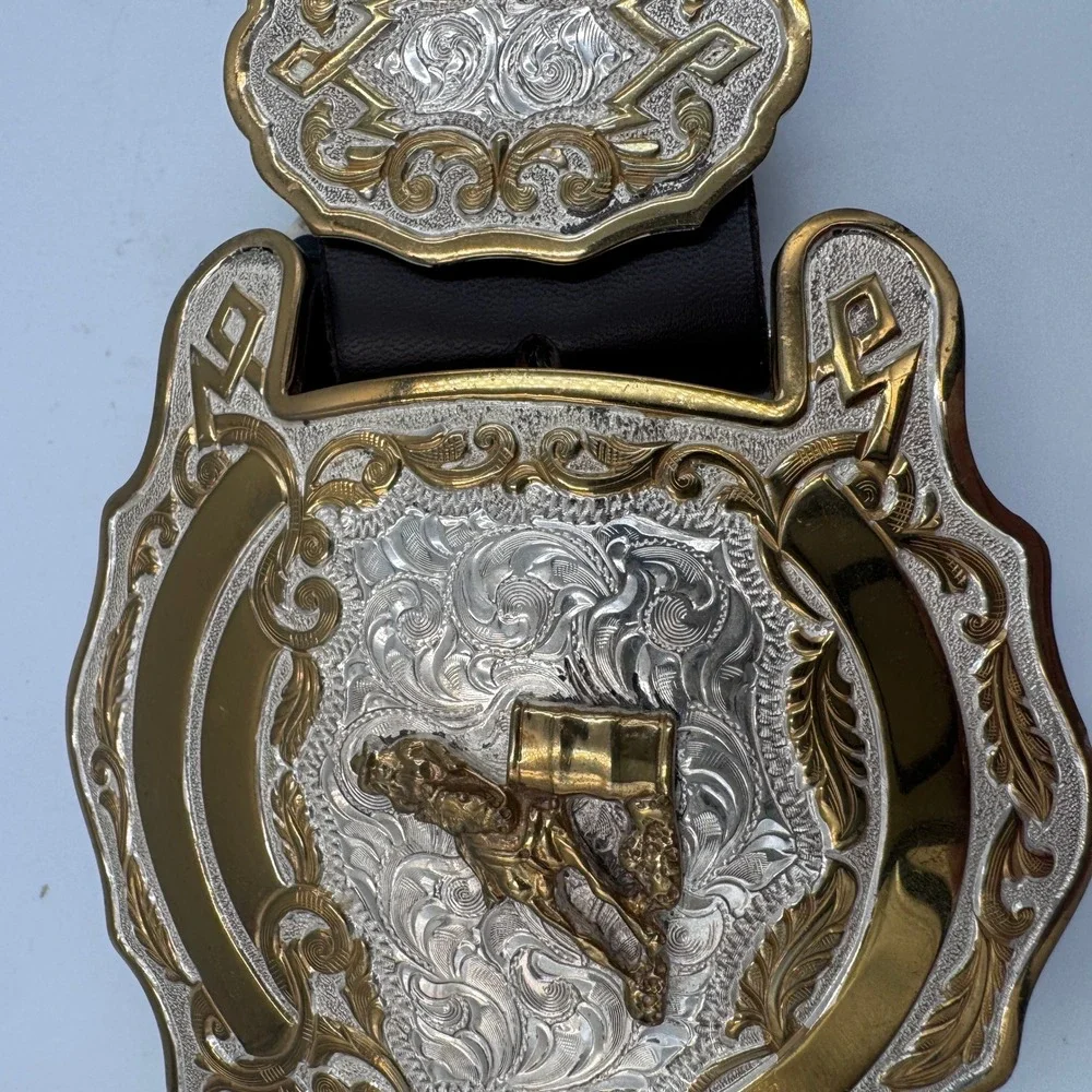 Crumrine Western Barrel Racer Belt Buckle Set Silver Gold Plate‎ Filigree USA
